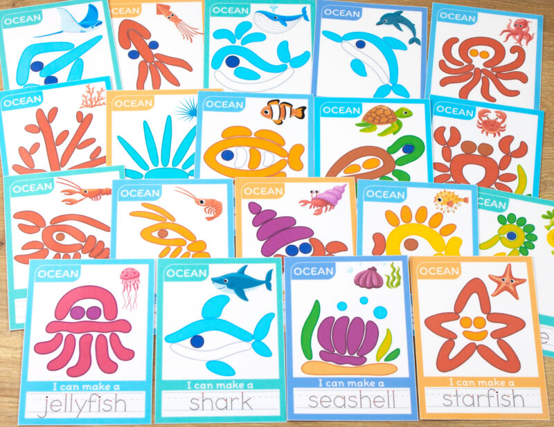 Ocean Animals theme playdough materials for preschool teachers. Printable DIY activity for Play-Doh with images of a shark, jellyfish, starfish, seashell, and other sea animals.