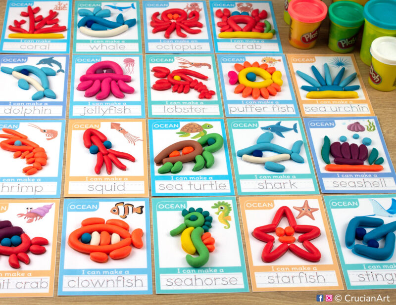 Set of Ocean Life and Sea Animals printable materials for playdough sensory station. Playdough mats for Play-Doh with images of a blue whale, sea turtle, octopus, shark, crab, clownfish, squid, seahorse, starfish, dolphin, shrimp, stingray, puffer fish, hermit crab, jellyfish, lobster, sea urchin, seashell, coral.