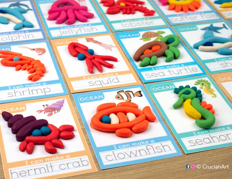 Ocean Animals printable playdough mats with images of a clownfish, hermit crab, seahorse, squid, sea turtle, octopus, shrimp.
