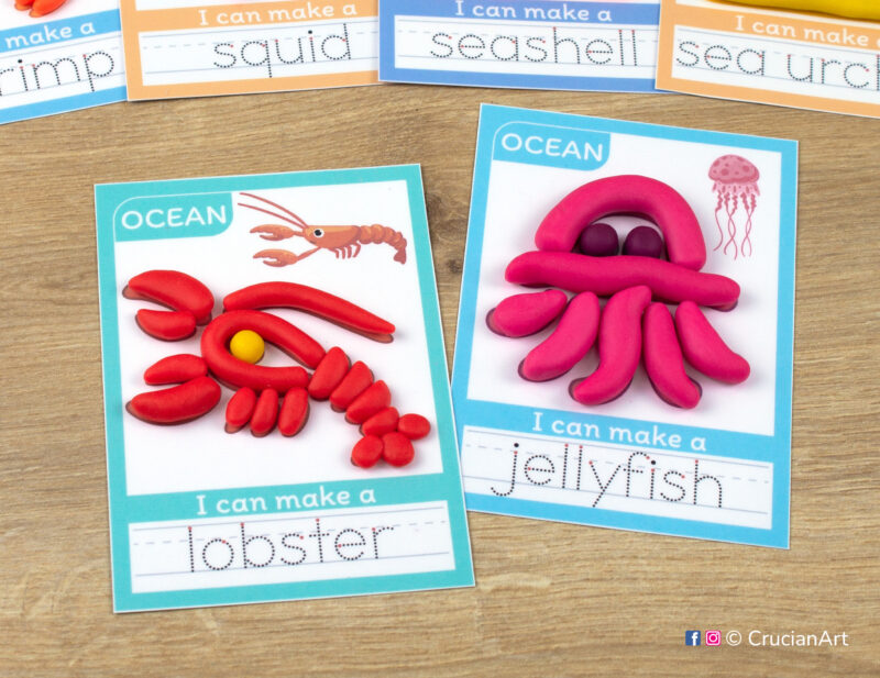 Set of printable Ocean Animals playdough mats for Under the Sea learning theme: lobster and jellyfish.