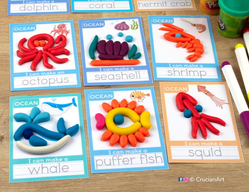 Ocean Animals themed playdough mats for toddlers and preschoolers with images of a blue whale, puffer fish, squid, octopus, shrimp, and seashell.