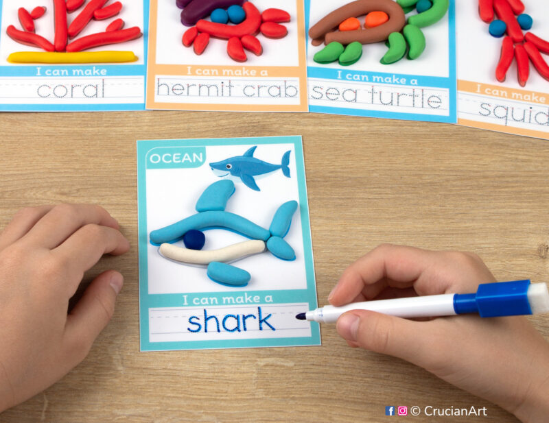 Printable Sea Animals playdough mats. Ocean Life theme play dough mat with an illustration of a shark. Do-it-yourself language learning educational resources for childcare centers.