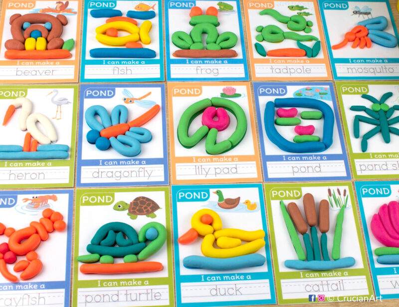 Set of Pond Habitat and Pond Animals printable materials for playdough sensory station. Playdough mats for Play-Doh with images of a duck, pond turtle, frog, tadpole, fish, heron, dragonfly, mosquito, beaver, pond skater, lily pad, cattail.