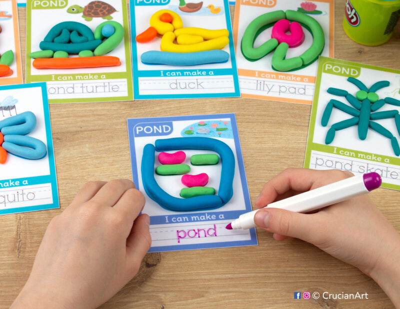 Printable Pond Life playdough mats. Spring and summer season play dough mat with an illustration of a pond. Do-it-yourself language learning educational resources for childcare centers.