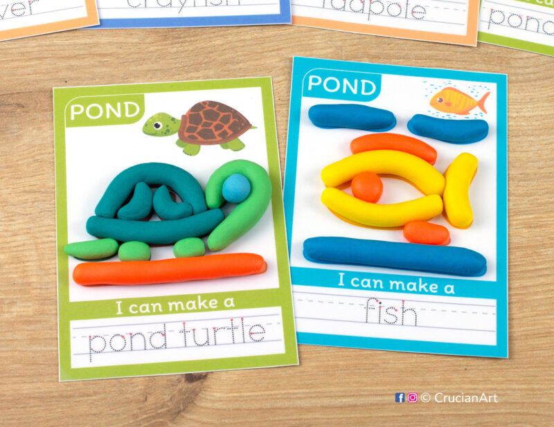 Set of printable Pond Animals playdough mats for Pond Life learning theme. Spring and summer seasonal symbols of a pond turtle and a goldfish.