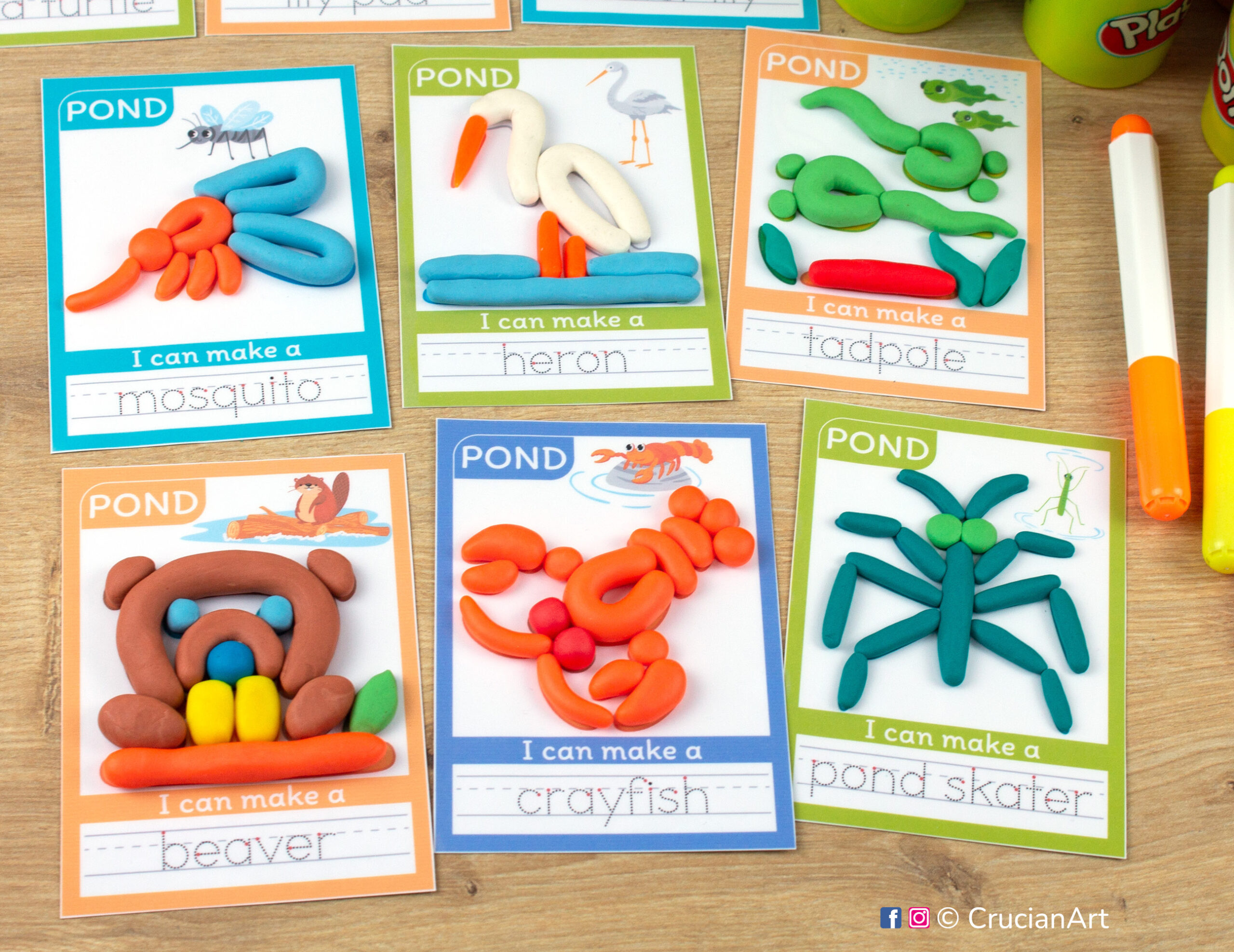 Pond animals and insects playdough mats for toddlers and preschoolers with images of a beaver, pond skater, heron, mosquito, tadpole, and a crayfish.
