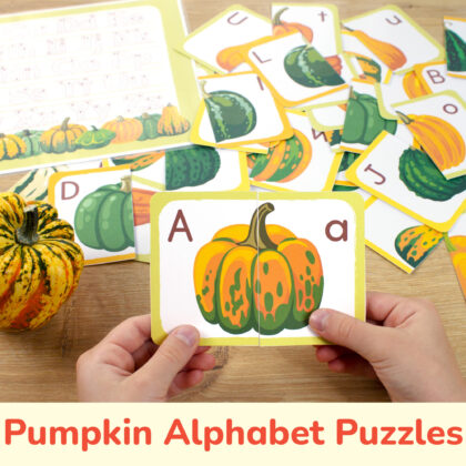 Pumpkin alphabet picture puzzles for toddler and preschool education. Letters learning resource for kindergarten classroom.