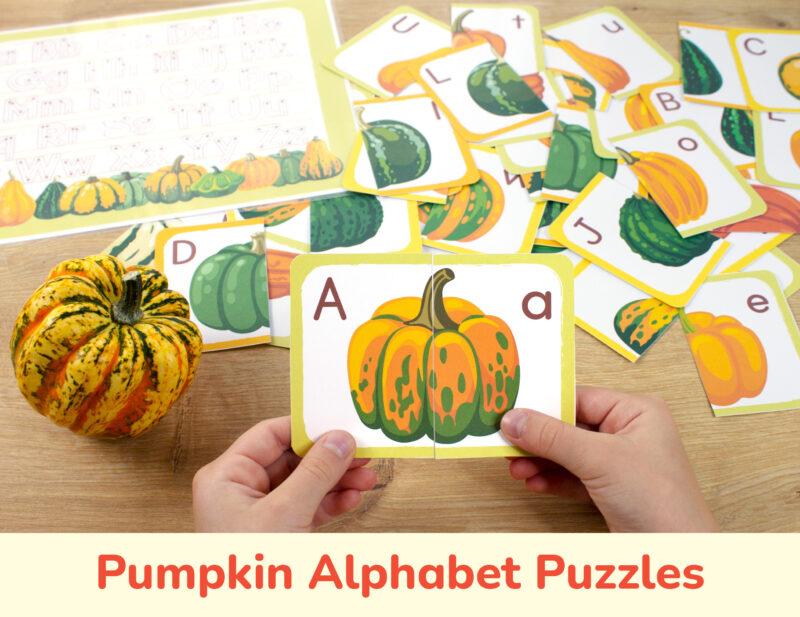 Pumpkin alphabet picture puzzles for toddler and preschool education. Letters learning resource for kindergarten classroom.