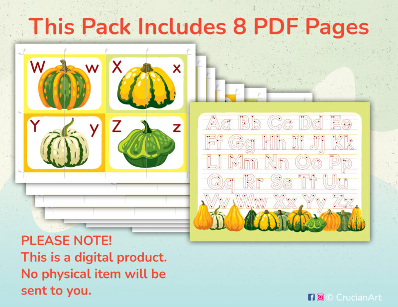 Pumpkin theme ABC picture puzzles to learn uppercase and lowercase letters. Fall harvest season theme alphabet tracing practice.