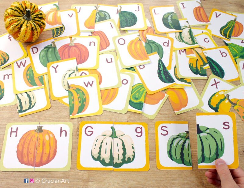 Pumpkins and squash theme printable set of picture puzzles for preschool and kindergarten teachers. Alphabet puzzle pairs for uppercase and lowercase letters learning.