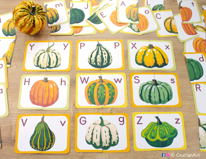 Pumpkin theme alphabet picture puzzles: uppercase and lowercase matching pairs. Match the ABC puzzle halves printable activity for early learning. Fall season visual cards for toddler.