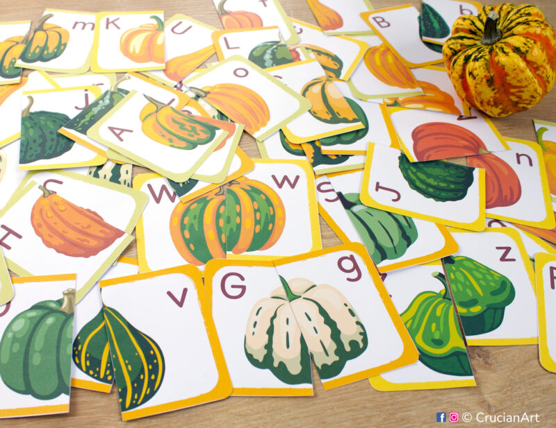 Pumpkin and squash alphabet puzzles for toddlers and preschoolers. Printable uppercase and lowercase letters matching activities for two year olds and three year olds.