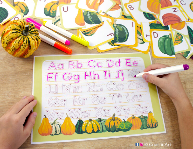 Pumpkins alphabet worksheet with uppercase and lowercase letters. Printable activity to practice handwriting. Preschool and kindergarten classroom fall resource for teachers.