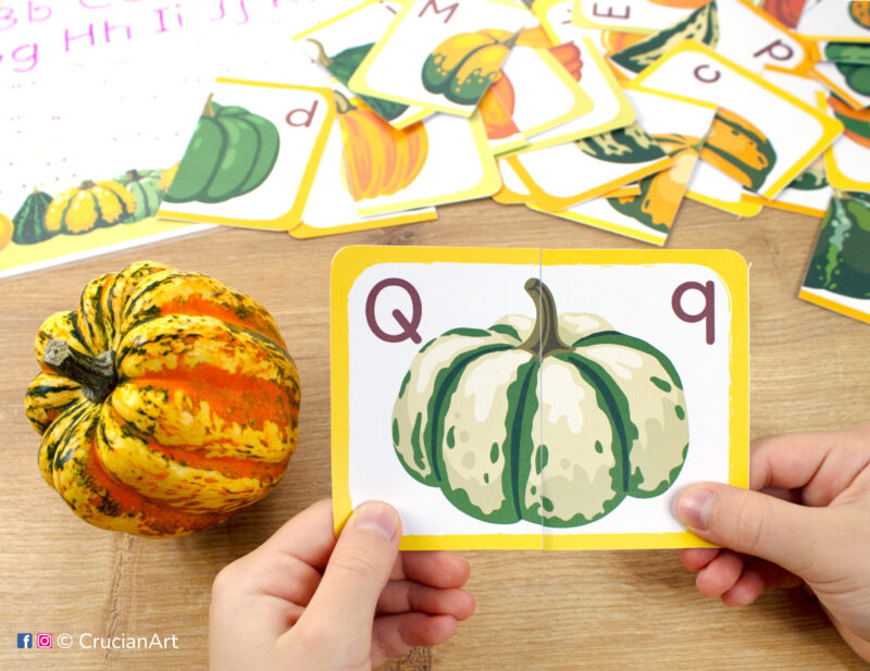 Pumpkin picture puzzle. Autumn theme alphabet puzzles play for preschool classrooms. Fine motor skills development and uppercase and lowercase letters learning for three year olds.