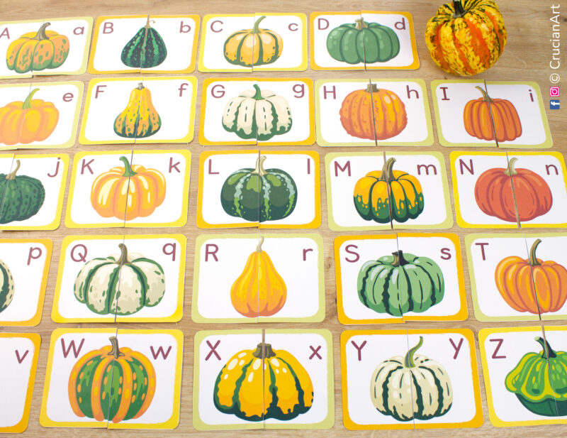 DIY alphabet puzzles. Pumpkin theme picture puzzle set for autumn season preschool activities. Uppercase and lowercase letters matching cards for toddlers and preschoolers.