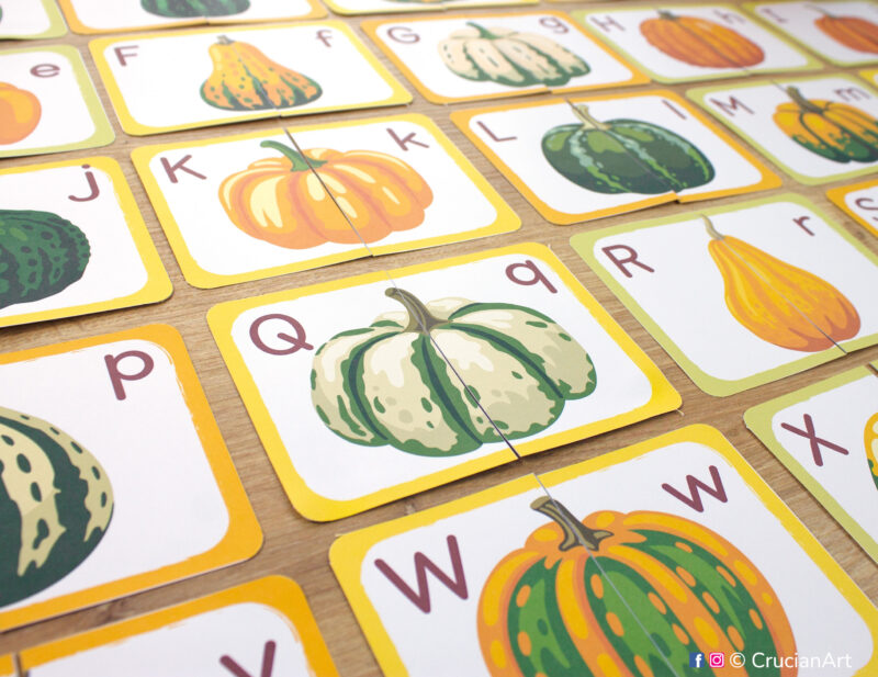 Set of pumpkins and squash alphabet puzzles. Uppercase and lowercase letters learning puzzle pairs for toddler and preschool learning.