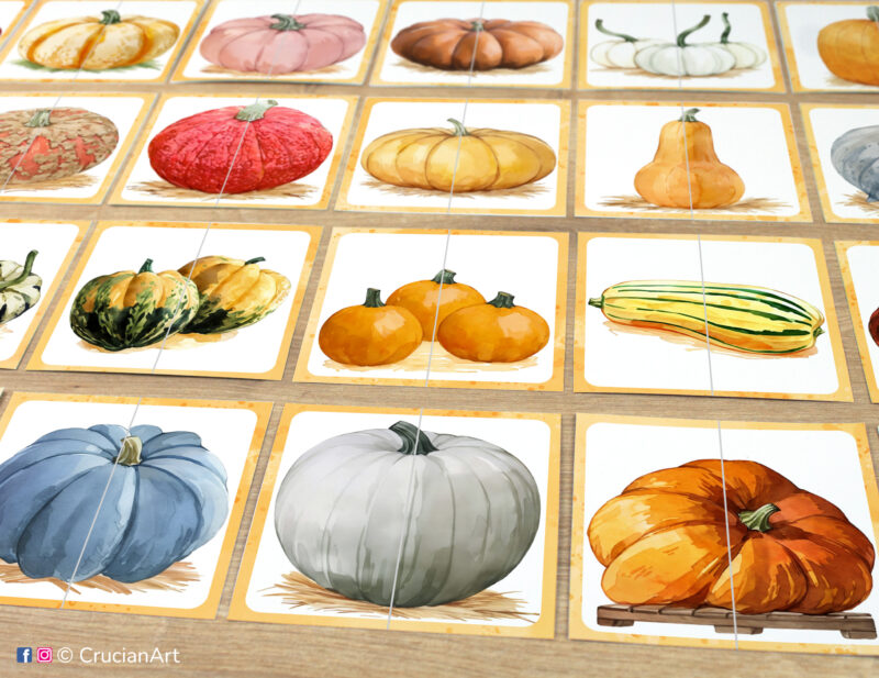 Set of Pumpkins and Squash theme puzzle pairs to print for classroom activity. Picture puzzles: Sugar Pie Pumpkin, Lumina Pumpkin, Atlantic Giant Pumpkin, Blue Jarrahdale Pumpkin, Carnival Squash, Delicata Squash, Red Warty Thing Pumpkin, Peanut Pumpkin, Fairytale Pumpkin. DIY toddler and preschool matching game.