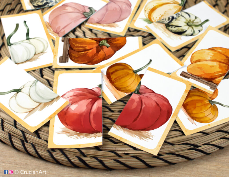 Complete the puzzle educational activity for toddlers and preschoolers. Autumn harvest themed printables for Pumpkins and Squash unit.