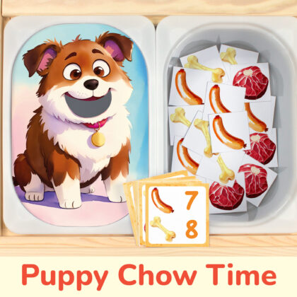 Puppy chow time theme insert and bones, steaks, and sausages count and match pieces placed on Trofast boxes in IKEA Flisat children's sensory table