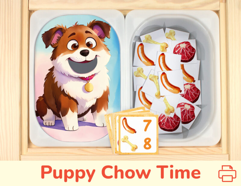 Puppy chow time theme insert and bones, steaks, and sausages count and match pieces placed on Trofast boxes in IKEA Flisat children's sensory table