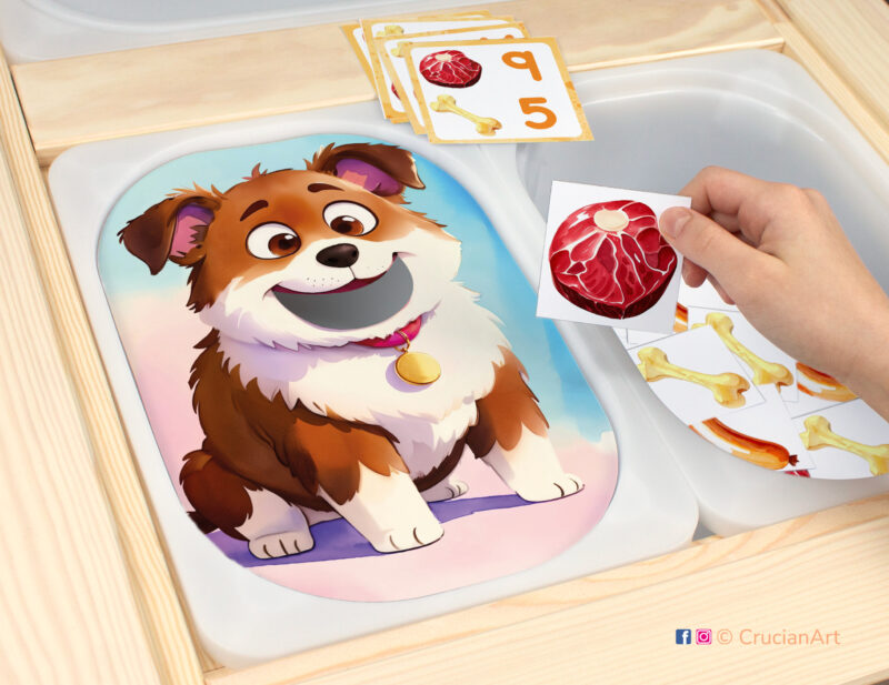 Feed the Hungry Puppy sensory play for a daycare center. Printable template for ikea flisat table bins for kids. Classroom educational printables for a pets unit.