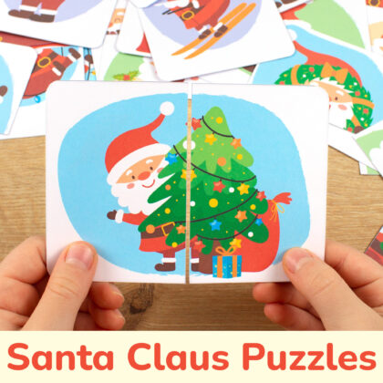 Christmas season picture puzzles for preschool education. Santa Claus patterns matching cards for toddler learning.