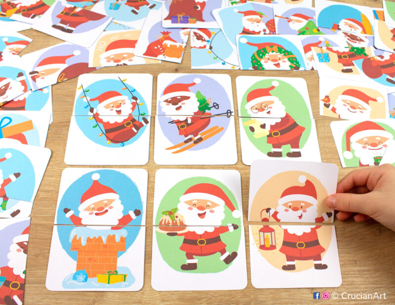 Santa Claus theme printable set of picture puzzles for preschool teachers. Pattern recognition puzzle pairs for a Christmas matching activity.