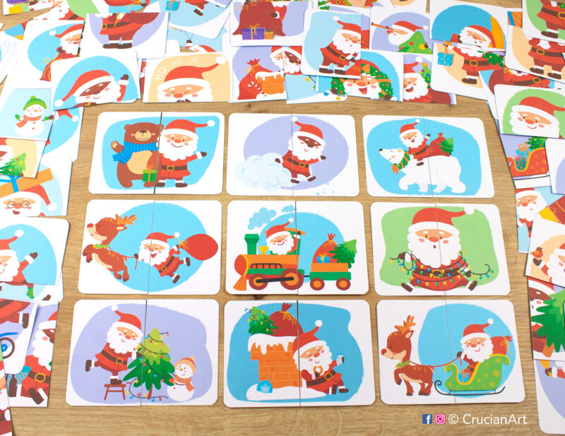 Santa Claus theme picture puzzles. Match the pattern puzzle halves printable activity for early learning. Christmas season visual cards for toddler.