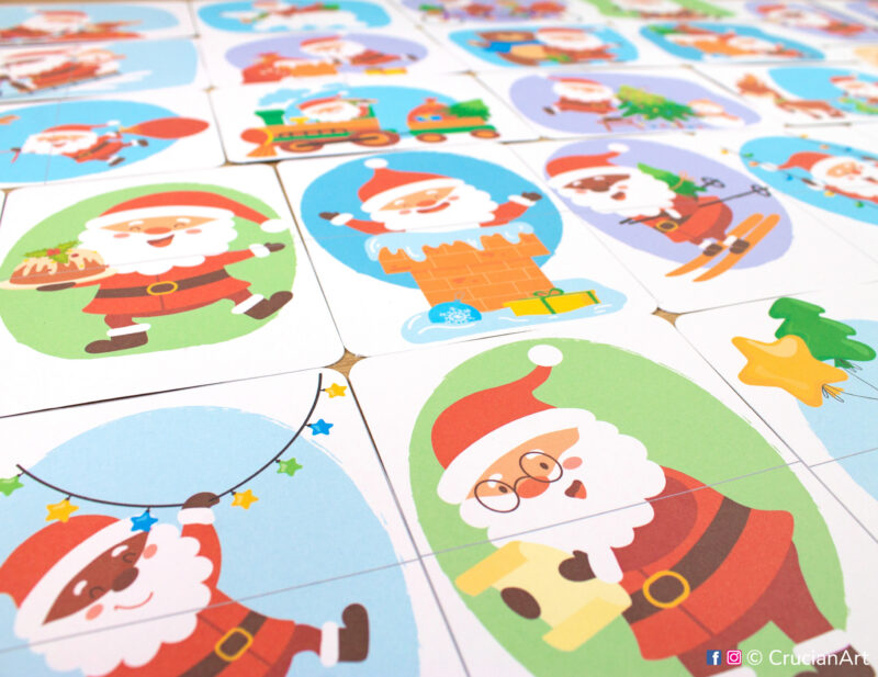 Santa Claus puzzles for pattern recognition learning activity. Christmas season activity themed printables for toddlers.