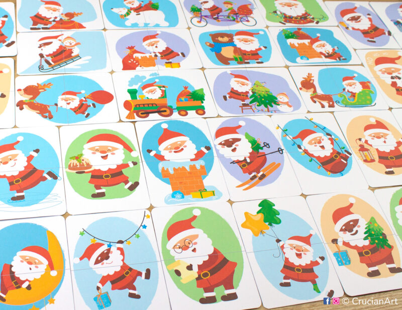 Printable set of Santa Claus puzzles. Pattern recognition matching cards for toddlers. Puzzle pairs for Christmas season.
