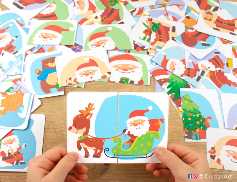 Santa Claus and Rudolph Reindeer picture puzzle. Printable Christmas season puzzles play for preschool classrooms. Pattern recognition and fine motor skills development for three year olds.