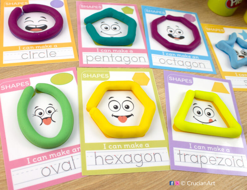 2D Shapes playdough mats for toddlers, preschoolers and kindergarteners with images of a yellow hexagon and trapezoid, green oval, green pentagon, purple circle and octagon.