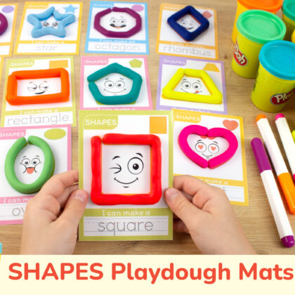 Two-dimensional shapes playdough mats for preschool early math curriculum. A card featuring a red square with play-doh and tracing words.
