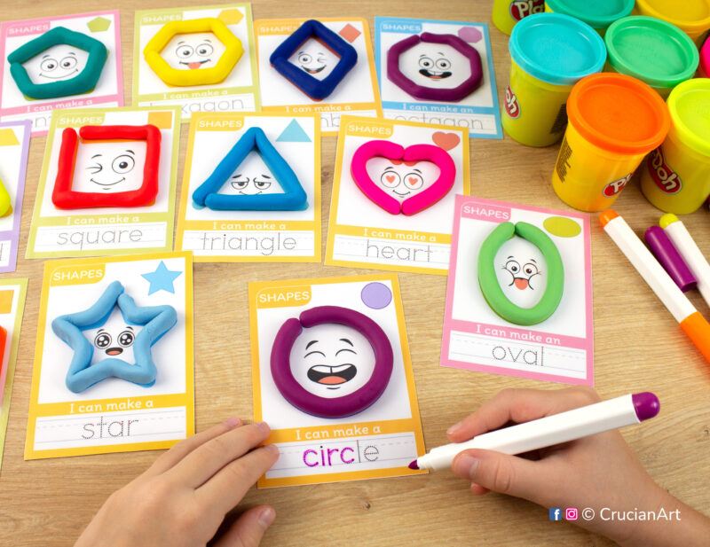 Printable 2D Shapes theme playdough mats. Early math play dough mat with an illustration of a purple circle. Do-it-yourself language learning educational resources for childcare centers.
