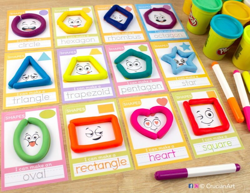 Set of 2D Shapes printable materials for playdough sensory station and early math curriculum. Playdough mats for Play-Doh with images of a сircle, square, triangle, oval, rectangle, rhombus, trapezoid, heart, star, pentagon, hexagon, octagon.