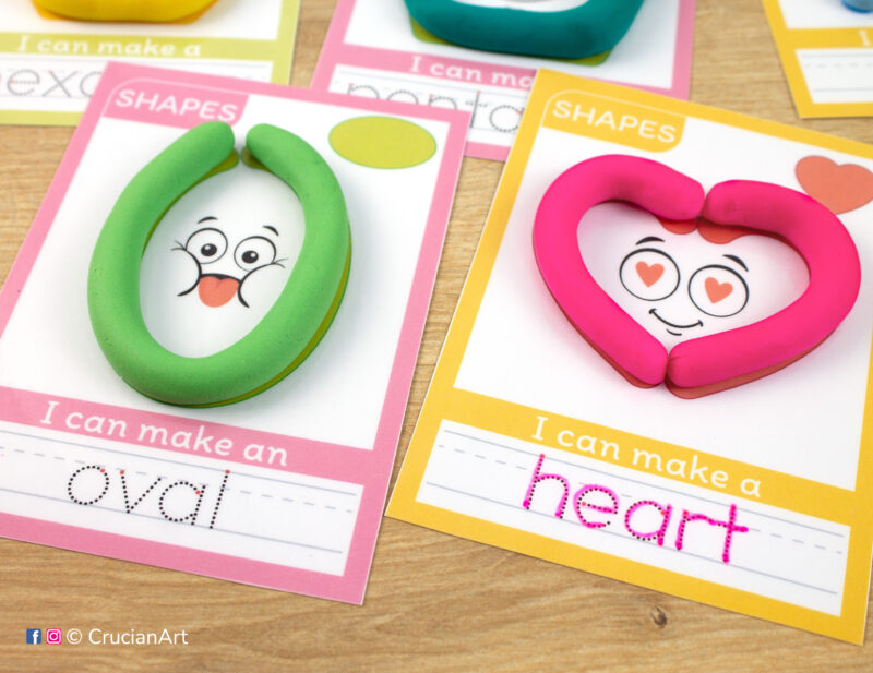 Shapes playdough mats for preschool early math unit. Play-doh mats with a green oval and a pink heart.