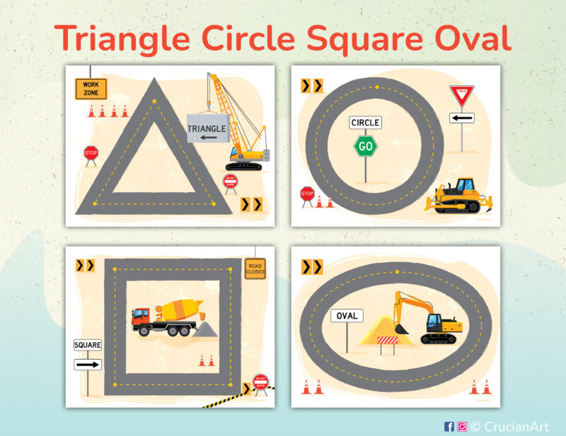 Printable preschool worksheets to learn circle, square, triangle, and oval geometric shapes. Construction trucks road mats for boys.