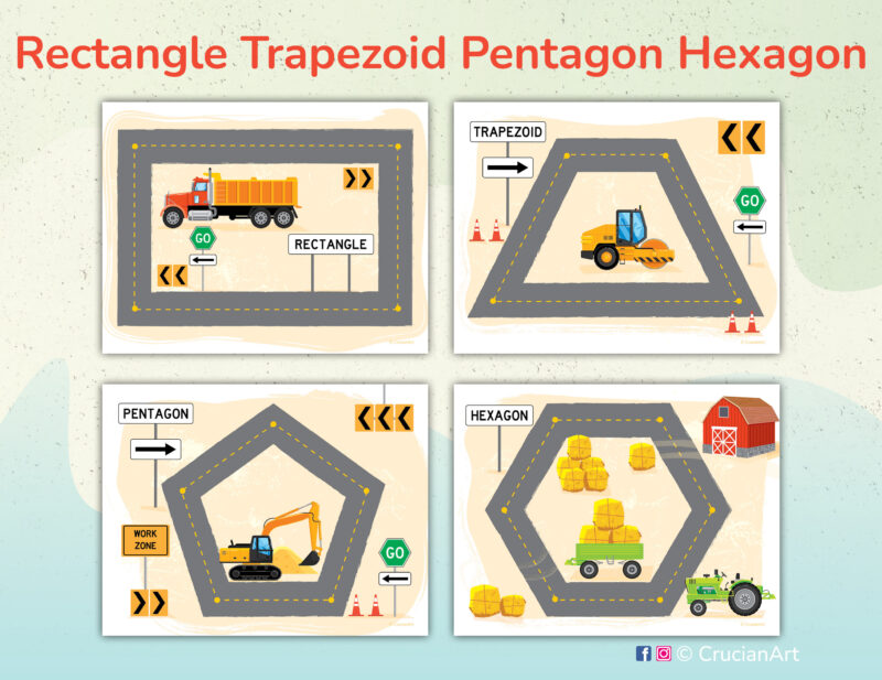 2d trace shapes mats with geometric figures of rectangle, trapezoid, pentagon, and hexagon. Construction site themed printables for toddler activity.