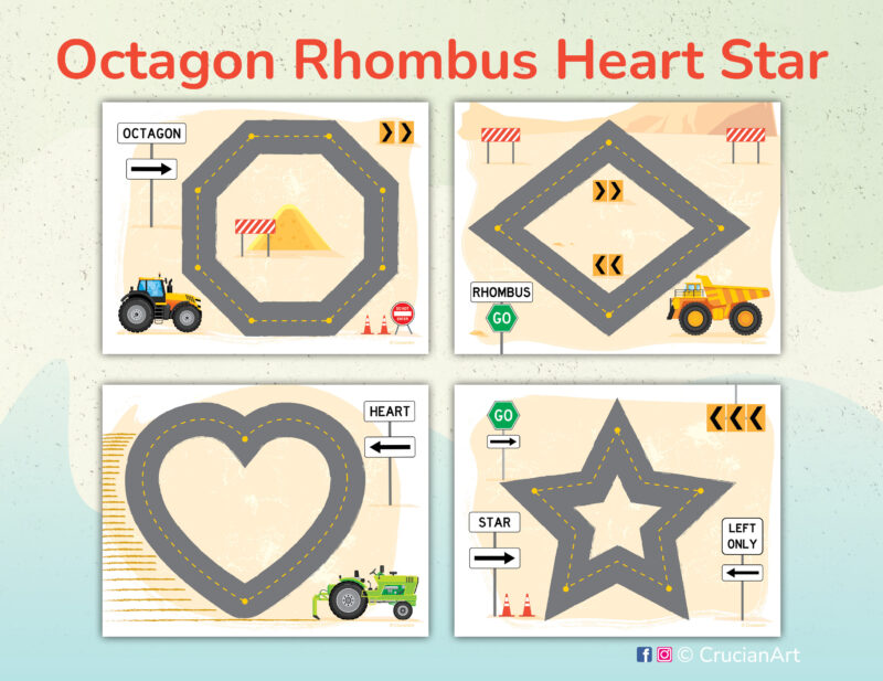 Flat shapes tracing mats for kids with geometric shapes of rhombus, octagon, heart, and star. Montessori printables for toddlers and preschoolers.