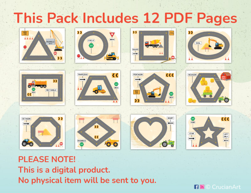 Printable set of flat shapes worksheets. Construction trucks theme mats with 2d geometric shapes: circle, square, triangle, rectangle, oval, rhombus, trapezoid, pentagon, hexagon, octagon, heart, star. Toddler and preschool classroom printables.