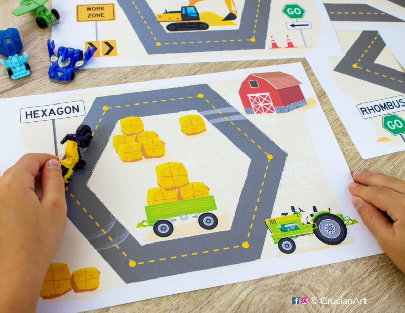 A toddler tracing a hexagon figure. Early math printable materials for 2d shape recognition. Construction site themed activity for truck lovers. Easy to prepare preschool educational resources.