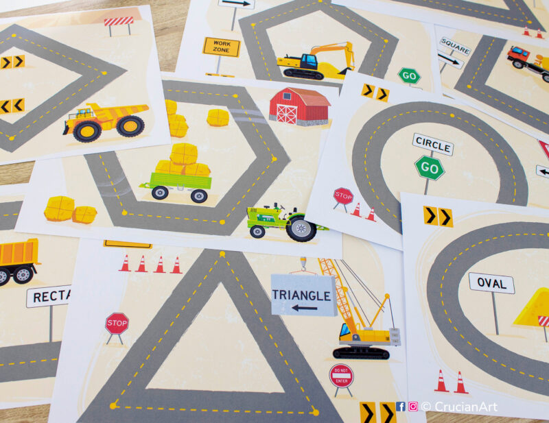Set of construction turcks theme geometric shapes mats to print. Easy-to-make educational resource for 2d flat shapes learning in preschool classrooms. Printable worksheets with tracing two-dimensional figures: circle, triangle, square, oval, pentagon, rhombus, hexagon.