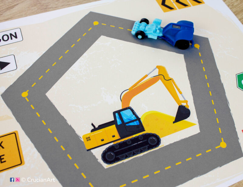Printable construction site themed mat with a pentagon shape.