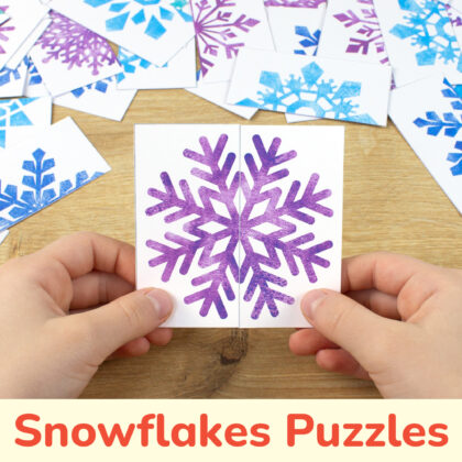 Winter season theme picture puzzles for preschool education. Snowflakes patterns matching cards for toddler learning.