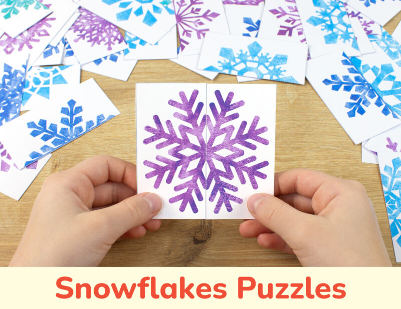 Winter season theme picture puzzles for preschool education. Snowflakes patterns matching cards for toddler learning.