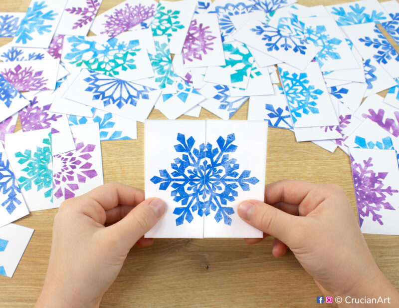 Snowflakes picture puzzle. Printable winter theme puzzles play for preschool classrooms. Pattern recognition and fine motor skills development for three year olds.