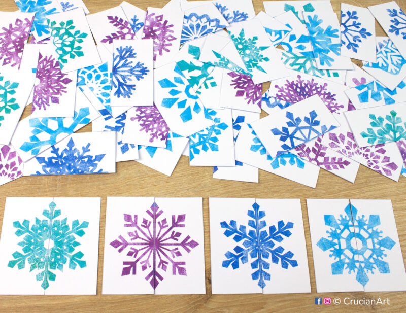 Snowflakes theme picture puzzles. Match the pattern puzzle halves printable activity for early learning. Winter season theme visual cards for toddler.