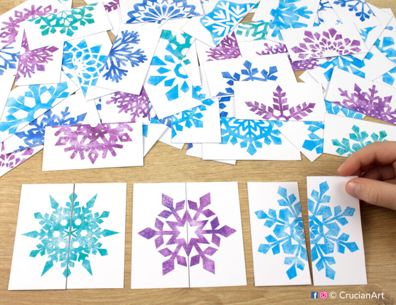 Snowflakes theme printable set of picture puzzles for preschool teachers. Pattern recognition puzzle pairs for a toddler matching activity.