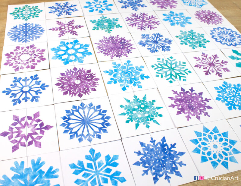 Printable set of snowflakes puzzles. Pattern recognition matching cards for toddlers. Puzzle pairs for winter season.