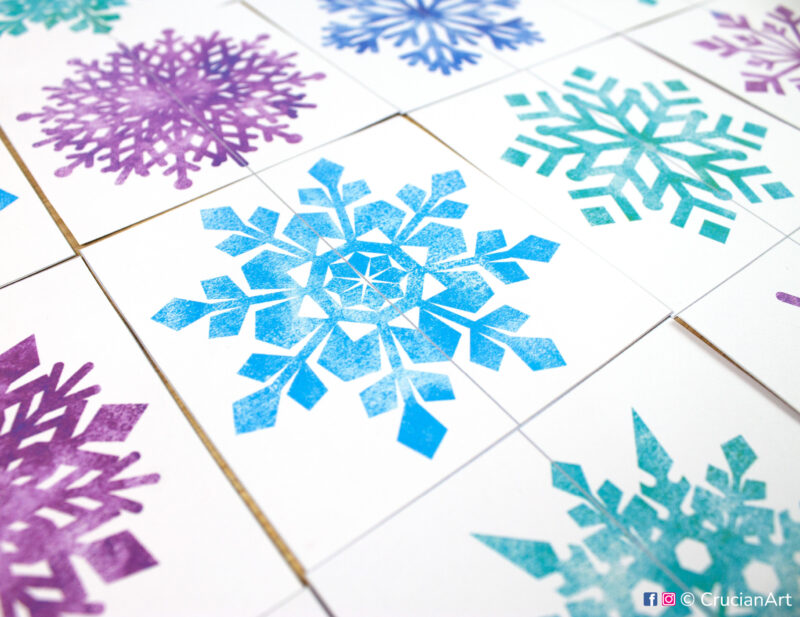 Snowflakes puzzles for pattern recognition learning activity. Winter season activity themed printables for toddlers.